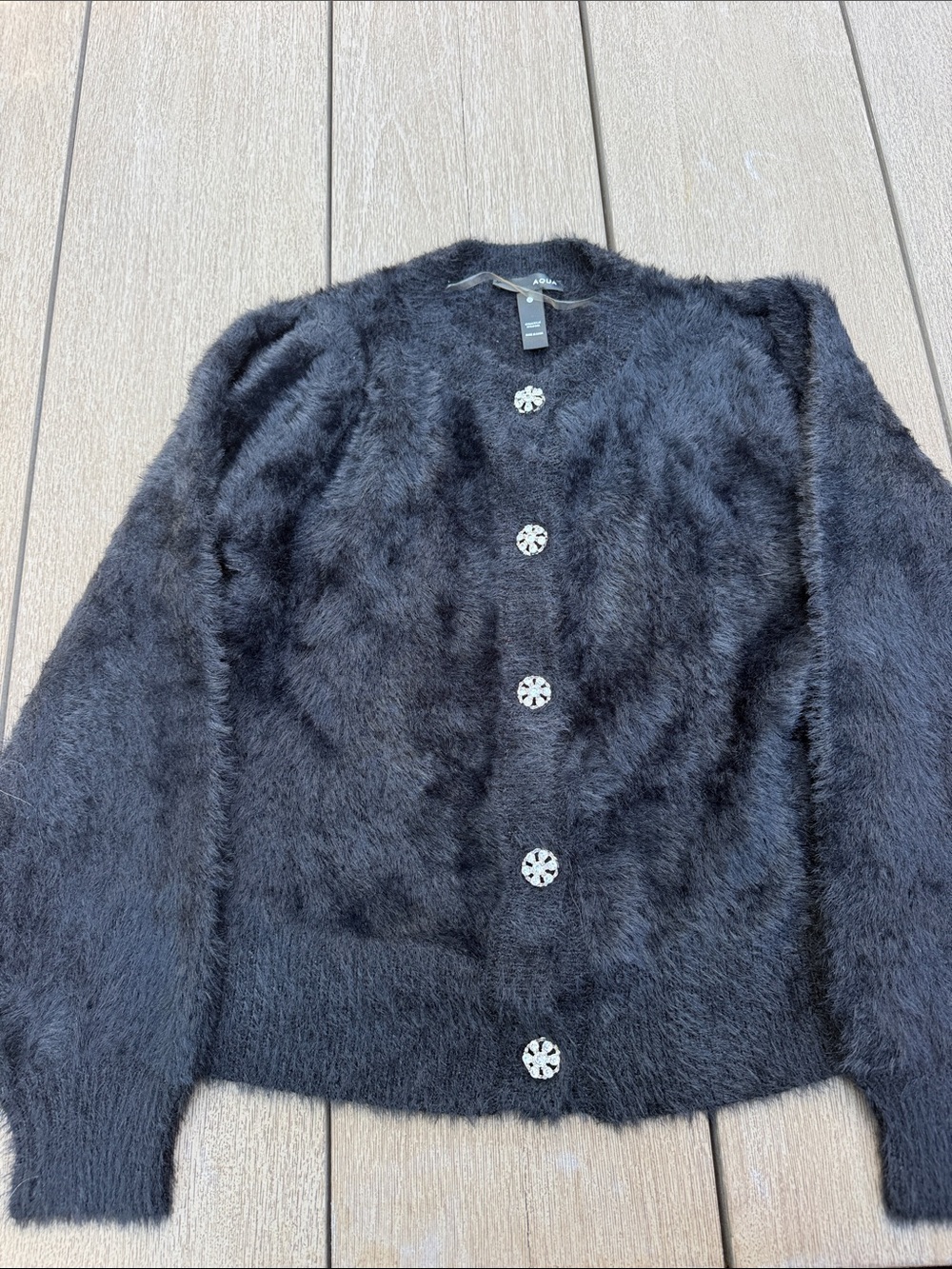 Aqua Black Faux-Fur Teddy Jacket with Decorative Flower Buttons